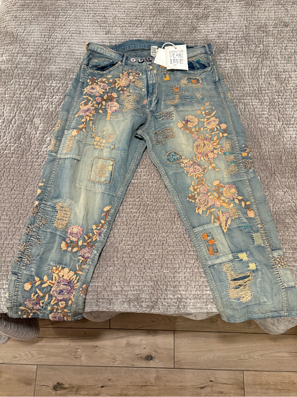 Magnolia Pearl Embroidered Patchwork Blue Jeans With Pink & Cream Florals